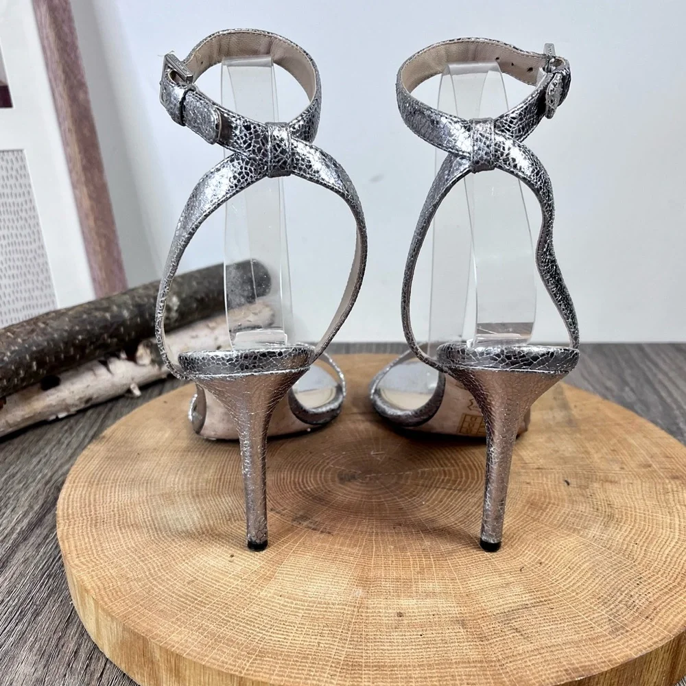 *Tory Burch | Elana Leather Silver Heeled Sandals With Ankle Straps Size 6